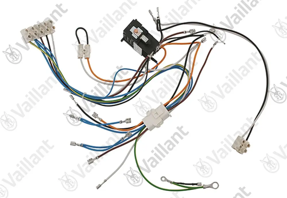 Vaillant Kabelbaum mit mehreren bunten Drähten und einem Relais, verbunden durch verschiedene Stecker und Anschlussklemmen.